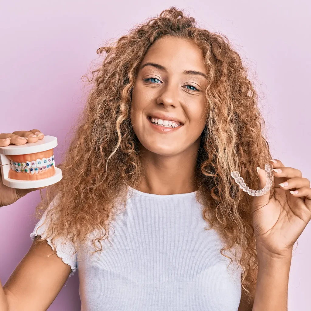 Woman holding up clrea aligners and braces